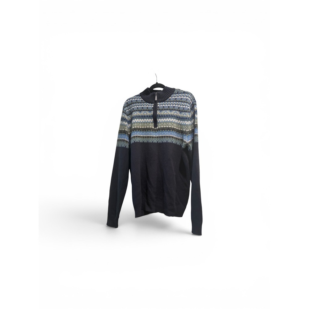 Buffalo David Bitton Mens Fair Isle‎ Quarter Zip Sweater Navy Blue Large